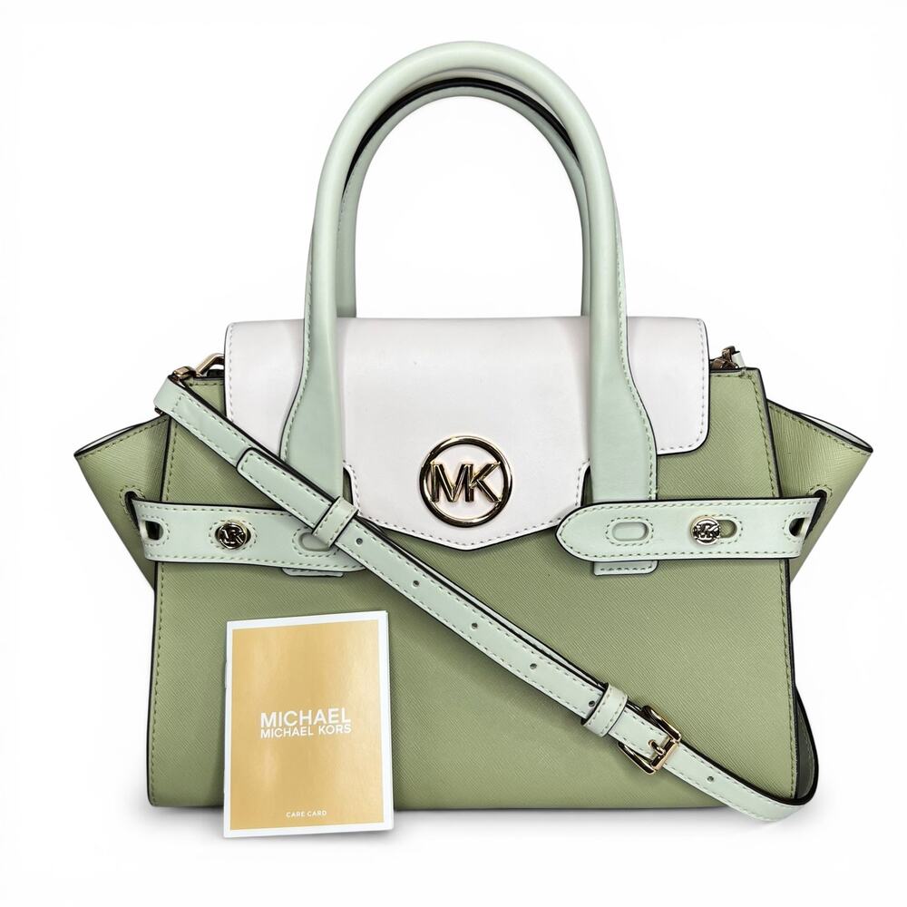 Michael Kors Carmen Medium Color-Block Belted Satchel Light Sage Mint